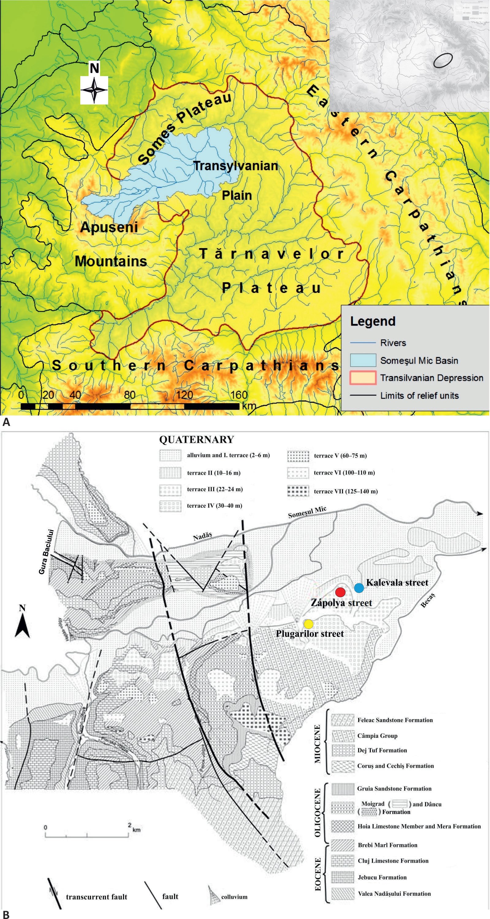 Fig 1/A. The Valley of the Someşul Mic in the Transylvanian Basin (with blue); 1/B. Geological
map of part of the city and the 10th archaeological sites in the area of Cluj-Napoca